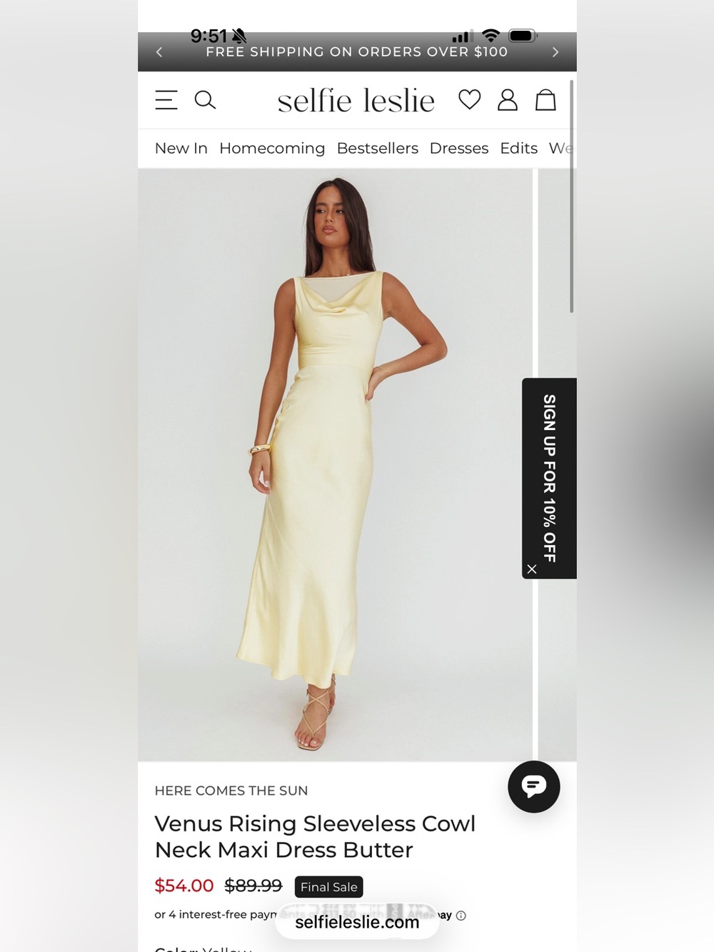 Elegant butter Yellow Cowl Neck Satin Dress